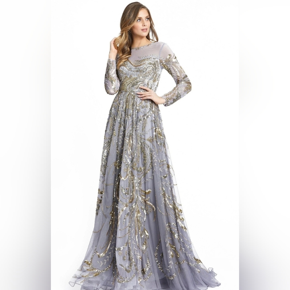 Macduggal Grey Silver Gold Beaded Sequin Evening Gown Long sleeve dress gown 4 6
